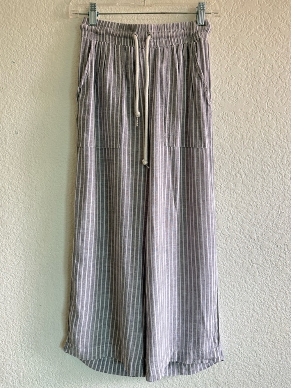 blue island Gray and White Striped Drawstring wide leg flowy pants